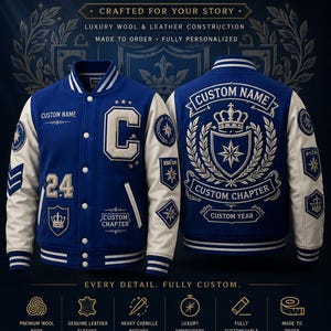 May include: A blue and cream varsity jacket featuring white chenille patches, embroidery, and leather sleeves. The front displays the text CUSTOM NAME, 24, and CUSTOM CHAPTER. The back features a large crest, crown, and the text CUSTOM NAME.