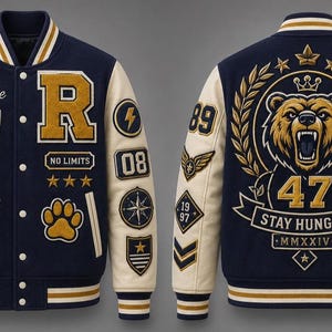 May include: A navy blue and cream varsity jacket shown from the front and back. The front features the letter R, the text Rise Above, No Limits, and assorted patches. The back displays a large bear head graphic with the text Stay Hungry and MMXXIV.