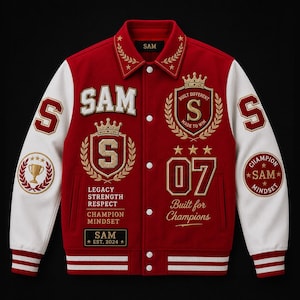 Pode incluir: Uma jaqueta varsity vermelha e branca com patches bordados e texto incluindo SAM, 07, Built Different Made to Win, Legacy Strength Respect Champion Mindset e Built for Champions. A jaqueta tem gola, mangas brancas e botões.