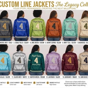 May include: A collection of sixteen satin varsity jackets displayed in rows, each featuring the text Royal Legacy, the number 4, and 14 Pearls of Virtue on the back. The jackets come in various colors including rose pink, charcoal, blue, green, and purple.