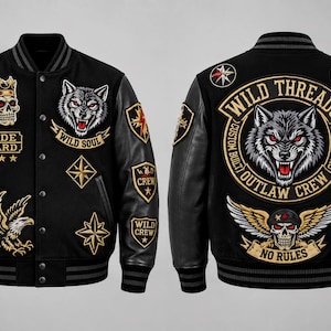 May include: A black varsity jacket with leather sleeves featuring embroidered patches including a skull with a crown, a wolf head, an eagle, and text reading Wild Threads Outlaw Crew, Ride Hard, Live Fast, and No Rules on the front and back.