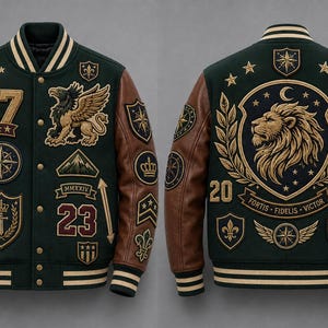 Op de afbeelding: Een donkergroen varsity-jack met bruine leren mouwen, voorzien van goudkleurige en witte geborduurde patches waaronder een griffioen, een leeuw, de getallen 47 en 23, en de tekst MMXXIV en Fortis Fidelis Victor op de achterkant.