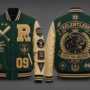 May include: A dark green and cream varsity jacket featuring gold embroidery and patches. The front displays a large letter R, the number 09, crossed baseball bats, and text reading Built Different Play Hard. The back features a panther graphic.