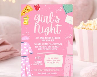 Editable Girl Sleepover Invitation | Slumber Party Birthday Invite | Movie Night Pajama Party | Digital Download Canva Template
