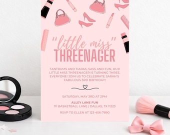 Invitación de cumpleaños con maquillaje para la pequeña de tres años / Tercer cumpleaños de niña / Tercer cumpleaños con maquillaje / Descarga digital de 5x7 pulgadas / Plantilla de Canva