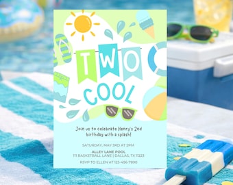 Editable Two Cool 2nd Birthday Pool Party Invitation, Splish Splash Boy Birthday, Summer Second Birthday Party, Instant Download, Text Print