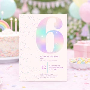 Editable Pink Glitter 6th Birthday Invitation | Sixth Birthday Girl | Rainbow Party Invite | Digital Download | Canva Template | 5x7 image 1