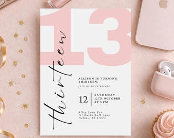 Invitation rose pour un 13e anniversaire | Anniversaire de fille de 13 ans | Anniversaire d'adolescente | Modèle Canva modifiable (Téléchargement numérique)