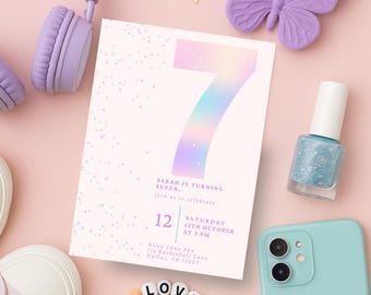 Pink Glitter 7th Birthday Invitation | Seventh Birthday Girl Party | Editable Canva Template | Rainbow Theme | Digital Download 5x7