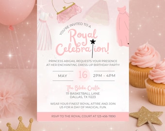 Princess Dresses Birthday Invitation, Girl Princess Birthday, Once Upon a Time Party, Digital Canva Template, 5x7