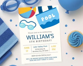 Invitación de cumpleaños playera editable / Invitación de cumpleaños para niño en la piscina / Fiesta en la piscina con chapuzones / Descarga digital / Plantilla Canva de 5x7