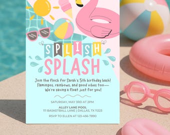 Flamingo Birthday Invitation Girl | Pink Flamingo Tropical Pool Party Invite | Editable Canva Template | Digital Download 5x7