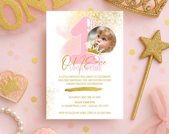 Princess 1st Birthday Party Invitation One-ce Upon a Time First Birthday Invite Pink Girl First Birthday Editable Invitation Princess Castle