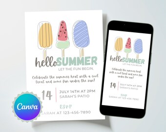 Plantilla de invitación editable "Hola Verano" / Invitación a fiesta de helados / 5x7 y 1080x1920 / Plantilla de Canva / Descarga digital para fiesta de verano