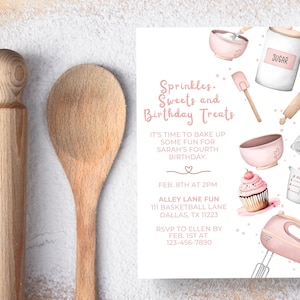 Modelo de convite de aniversário para confeitaria | Convite rosa para festa infantil de culinária | Download digital | Modelo Canva | 5x7