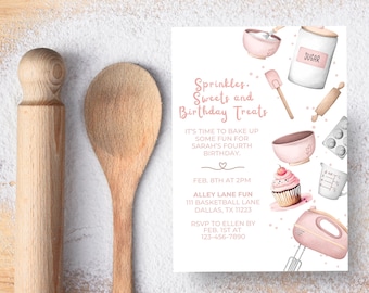 Baking Birthday Invitation Template | Kids Pink Cooking Party Invite | Digital Download | Canva Template | 5x7