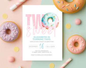 Two Sweet Donut Birthday Invitation | Second Birthday Girl Invite | 2nd Birthday Girl Evite | Editable Template | Digital Download | Canva