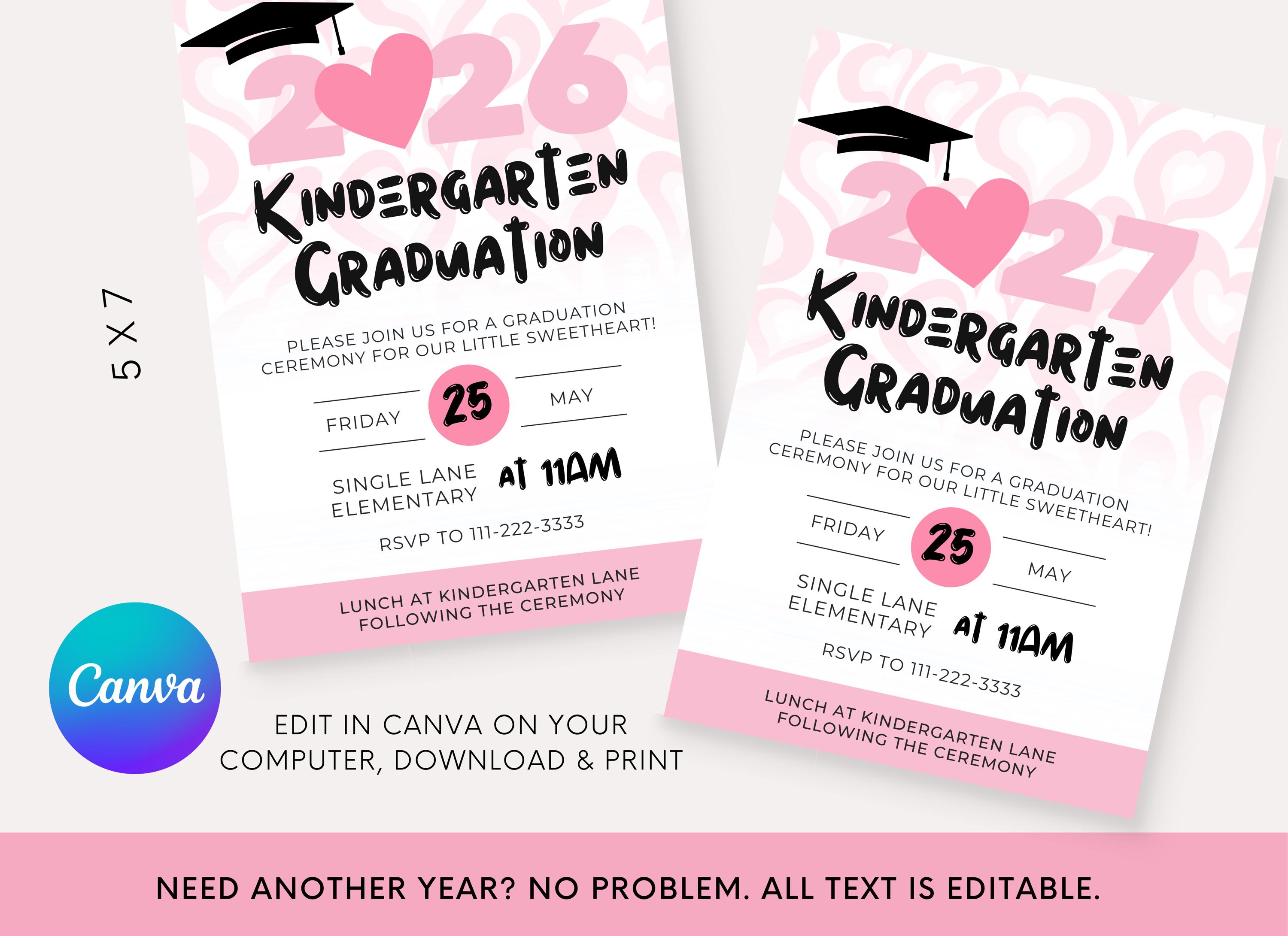 Kinder Invit Editable Pink Kindergarten Graduation Invitation | Pink Hearts Kinder ...