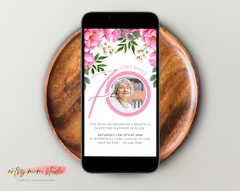 Electronic 70th Birthday Invitation, Pink Floral Birthday Evite, Editable Seventieth Party Invite for Women, Digital Text Invite