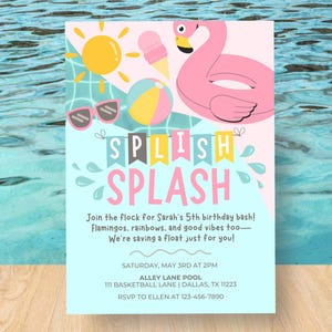 Flamingo Birthday Invitation, Splish Splash Pool Party Invite, Girl Summer Pool Party, Editable Flamingo Invite, Instant Download Template