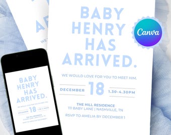 Blue Sip and See Invitation | Baby Boy Sip and See Evite | Blue Baby Sprinkle Invite | Editable Canva Template | Digital Download 5x7
