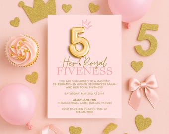 Princess 5th Birthday Invitation | Her Royal Fiveness | Editable Canva Template | Pink Gold Girl Party Invite | Digital Download | 5x7