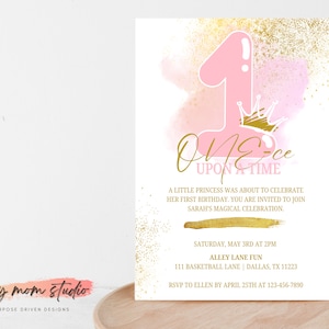 PRINCESS 1st Birthday Party Invitation, Editable ONE-ce Upon a Time First Birthday Invite, Girl First Birthday Editable Canva Invitation
