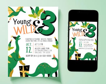 Editable Dinosaur 3rd Birthday Invitation | Green Dino Party, Young Wild & Three Toddler Birthday Invite, Canva Template Digital Download