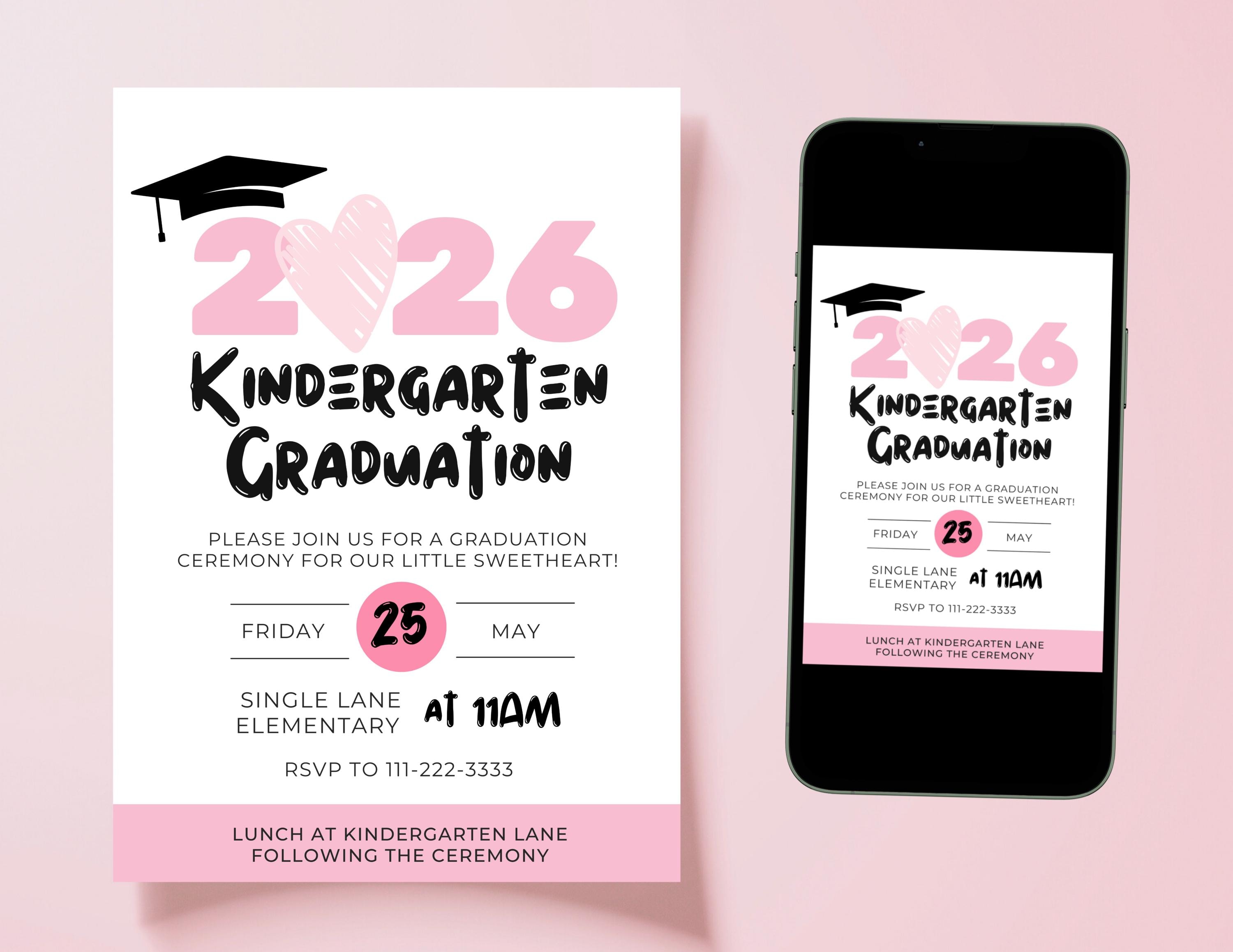 Kinder Invit Editable Pink Kindergarten Graduation Invitation | Pink Hearts Kinder ...