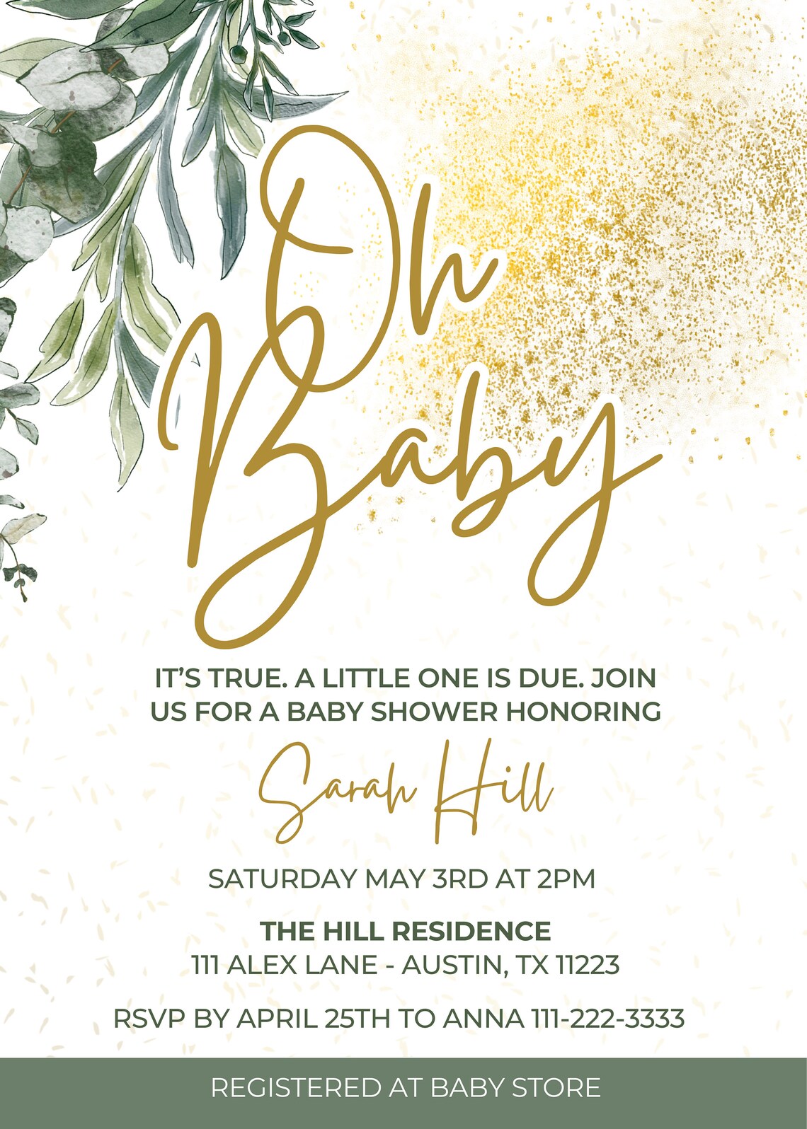 Greenery Oh Baby Shower Invitation Template Printable Baby Shower ...