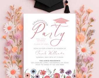 Pink Wildflower Graduation Party Invitation | Floral Graduation Invite, Editable Canva Template, Girl Graduation Party, Digital Download