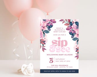 Blumen Sip and See Einladung | Mädchen schlürfen und sehen | Bearbeitbare Babypartyeinladung (Digitaler Download) | Canva Template 13x18 | Text-E-Mail-Druck