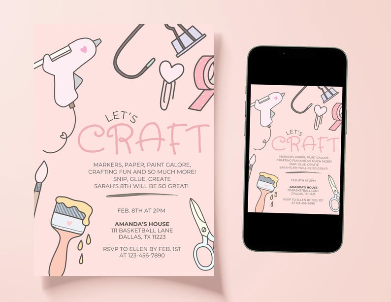 Editable Girls Craft Party Invitation | Arts & Crafts Birthday Invite ...