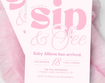 Invitación editable rosa para presentación de bebé / Conoce y saluda a una niña / Descarga digital de 5x7 pulgadas / Plantilla de Canva para texto, correo electrónico o impresión.