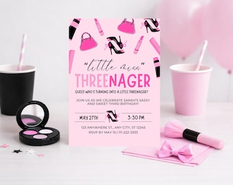 Invitación para la pequeña Miss Threenager / Invitación para el tercer cumpleaños de maquillaje / Cumpleaños de niña / Descarga digital de 5x7 / Plantilla Canva