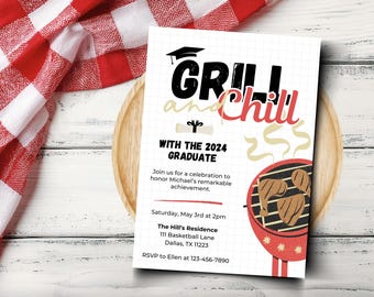 Grill and Chill Graduation Party Invitation, BBQ Invite, College High School Graduation Party, Cookout Out Grad Party, Instant Download Text