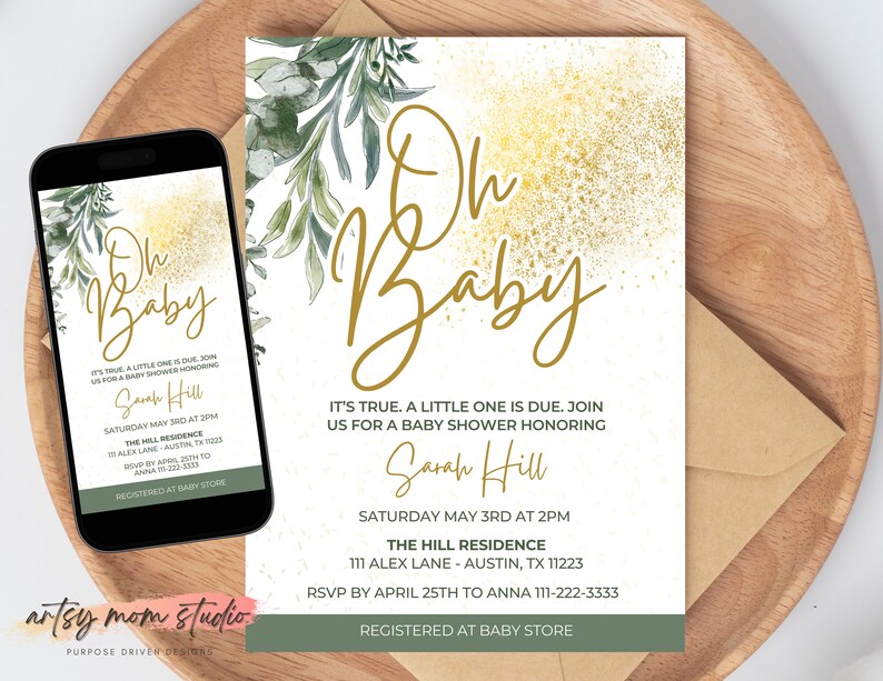 Greenery Oh Baby Shower Invitation Template Printable Baby Shower ...