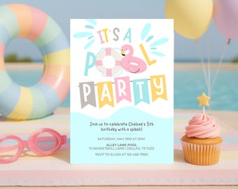 Pool Party Birthday Invitation | Pastel Girl Summer Birthday Invite | Editable Canva Template | 5x7 Digital Download
