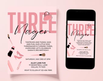 Invitación de cumpleaños para niña de tres años / Invitación de cumpleaños con maquillaje para la tercera niña / Tercer cumpleaños con maquillaje / Descarga digital de 5x7 pulgadas / Plantilla de Canva