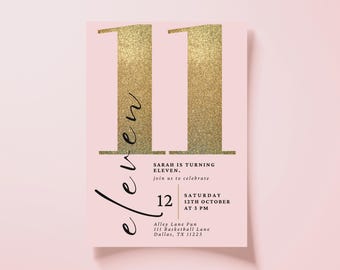 11th Birthday Invitation | Eleventh Girl Birthday | Pink and Gold Party, Editable Canva Template (Digital Invite) | 5x7