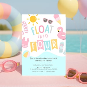 Pastel Pool Party Invitation | Splish Splash 4th Birthday | Fourth Birthday Girl Pool Party | Editable 5x7 Template | Digital Download