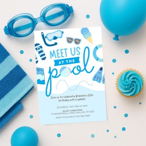 Convite de aniversário de praia editável | Convite de aniversário de menino na piscina | Festa na piscina Splish Splash | Download digital | Modelo Canva 5x7