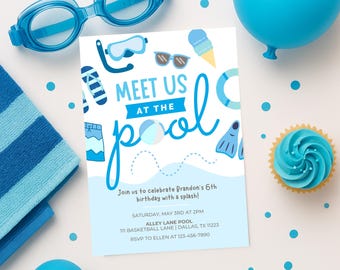 Invitación de cumpleaños playera editable / Invitación de cumpleaños para niño en la piscina / Fiesta en la piscina con chapuzones / Descarga digital / Plantilla Canva de 5x7