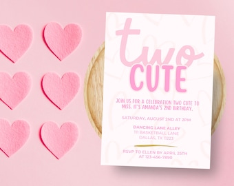 Two Cute Birthday Invitation | 2nd Birthday Girl Pink Invite | Second Girl Birthday | Two Cute Evite | Heart Themed | Digital Download Canva