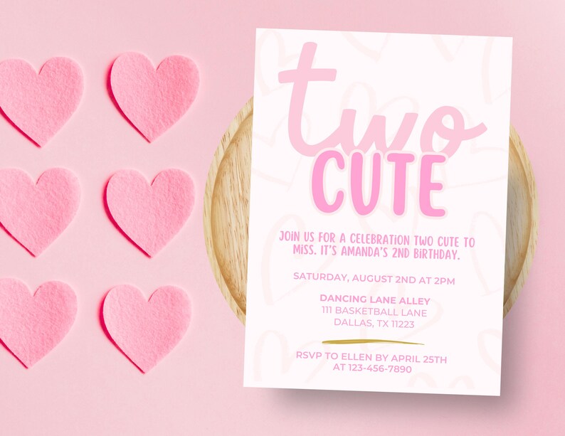 Dois convites fofos de aniversário | Convite rosa para menina de 2 anos | Aniversário de 2 anos de menina | Dois convites fofos | Tema de coração | Download digital Canva imagem 1