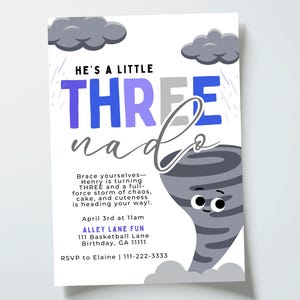 Invitación para el tercer cumpleaños de Three-nado / Tercer cumpleaños de niño / Tercer cumpleaños de niño / Tema del clima (Canva, descarga digital)