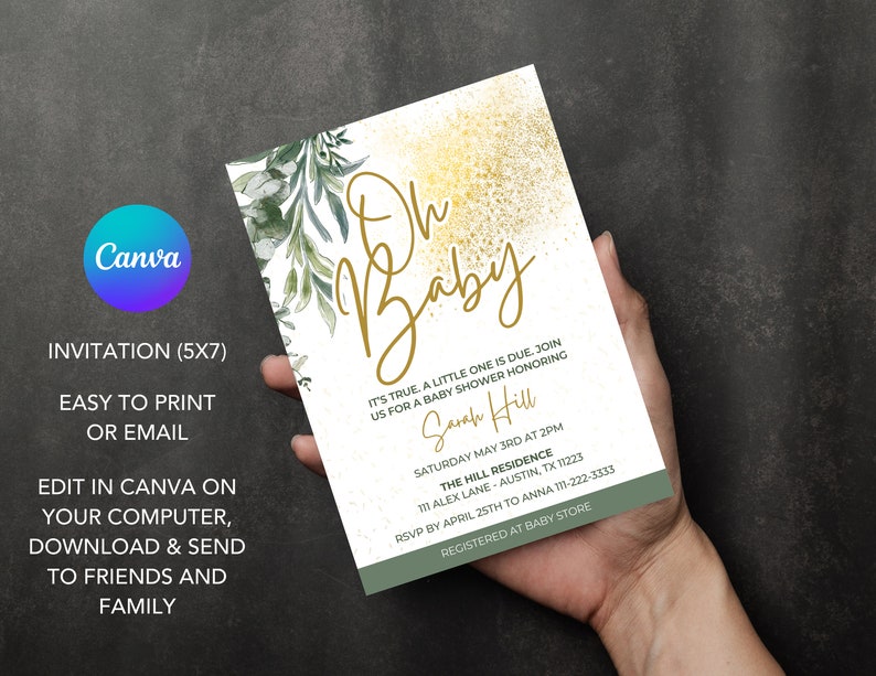 Greenery Oh Baby Shower Invitation Template Printable Baby Shower ...