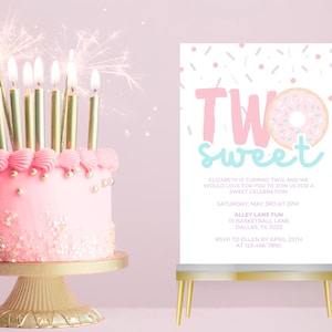 Editable Two Sweet Birthday Invitation, 2nd Birthday Girl Invite, Second Birthday Donut Theme, Two Sweet Digital Invite, Instant Download