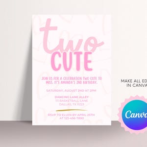 Dois convites fofos de aniversário | Convite rosa para menina de 2 anos | Aniversário de 2 anos de menina | Dois convites fofos | Tema de coração | Download digital Canva imagem 6