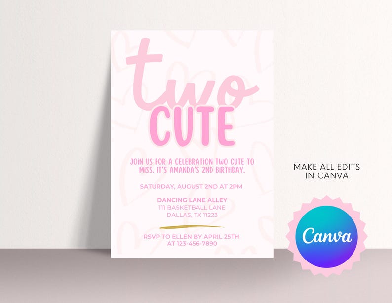 Dois convites fofos de aniversário | Convite rosa para menina de 2 anos | Aniversário de 2 anos de menina | Dois convites fofos | Tema de coração | Download digital Canva imagem 6